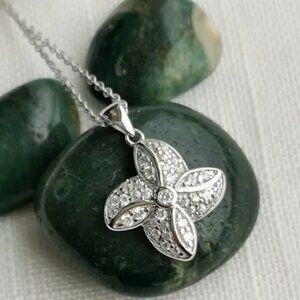 New Sterling Silver CZ plumeria flower  pendant necklace